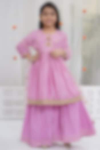 Lavender Pink Cotton Floral Embroidered Sharara Set For Girls by Little Bansi at Pernia's Pop Up Shop