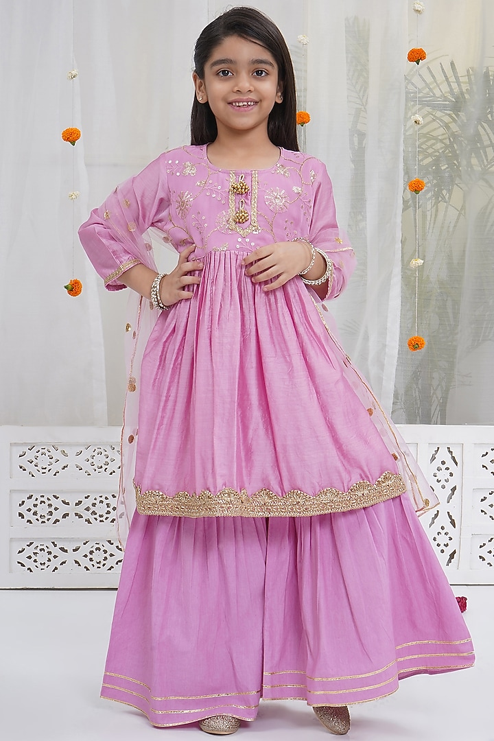 Lavender Pink Cotton Floral Embroidered Sharara Set For Girls by Little Bansi at Pernia's Pop Up Shop