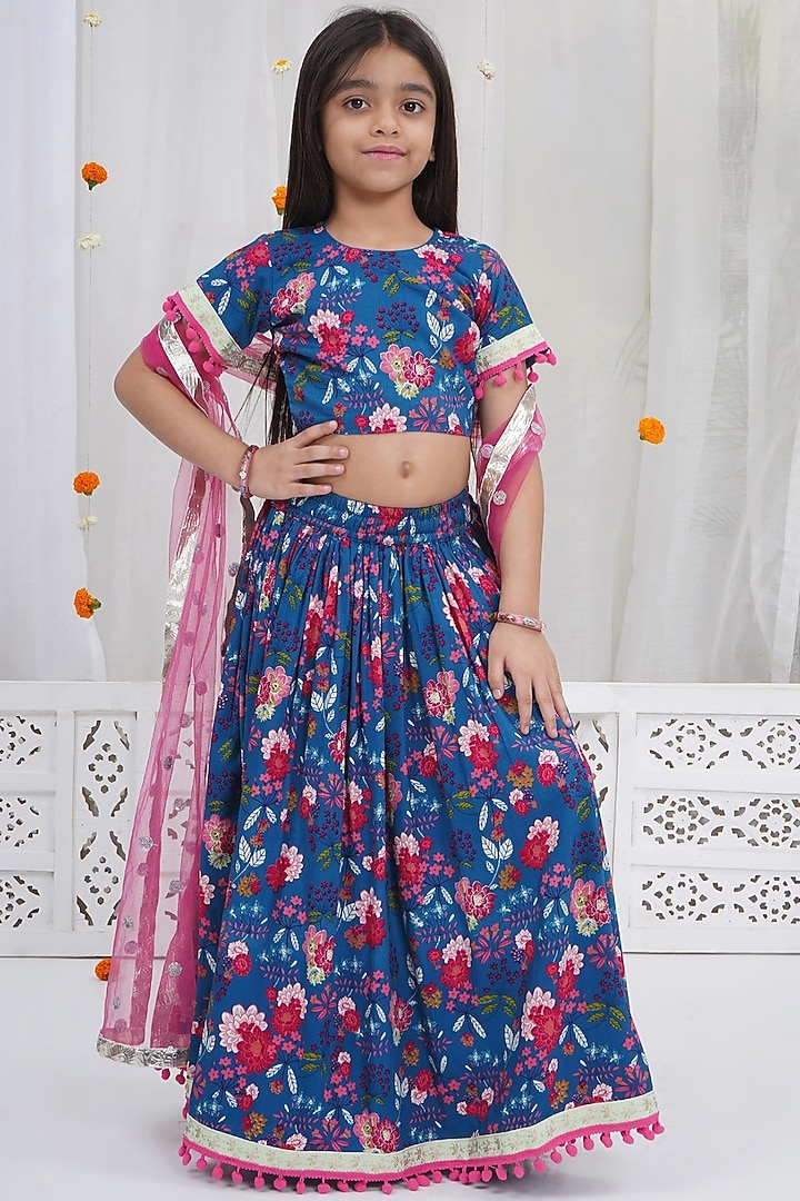 Royal Blue Cotton Floral Printed Lehenga Set For Girls by Little Bansi at Pernia's Pop Up Shop