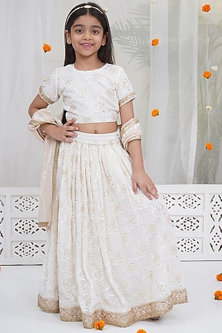 White Cotton Linen Floral Embroidered Lehenga Set For Girls by Little Bansi