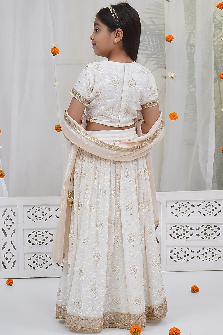 White Cotton Linen Floral Embroidered Lehenga Set For Girls by Little Bansi at Pernia's Pop Up Shop
