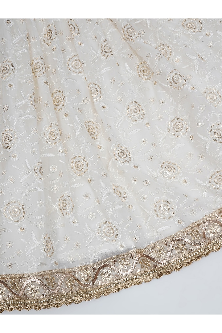 White Cotton Linen Floral Embroidered Lehenga Set For Girls by Little Bansi at Pernia's Pop Up Shop