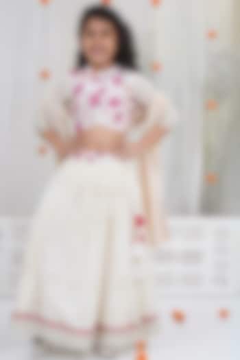 Cream Cotton Linen Floral Embroidered Lehenga Set For Girls by Little Bansi at Pernia's Pop Up Shop