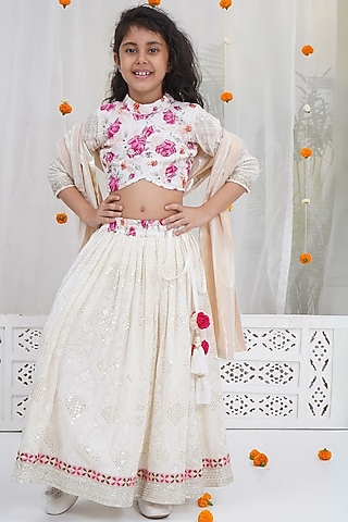 Cream Cotton Linen Floral Embroidered Lehenga Set For Girls by Little Bansi