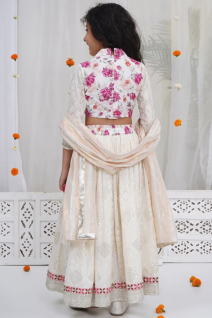 Cream Cotton Linen Floral Embroidered Lehenga Set For Girls by Little Bansi at Pernia's Pop Up Shop