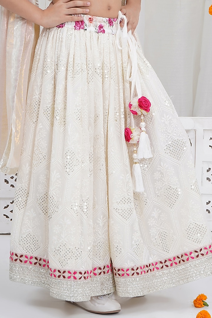 Cream Cotton Linen Floral Embroidered Lehenga Set For Girls by Little Bansi at Pernia's Pop Up Shop