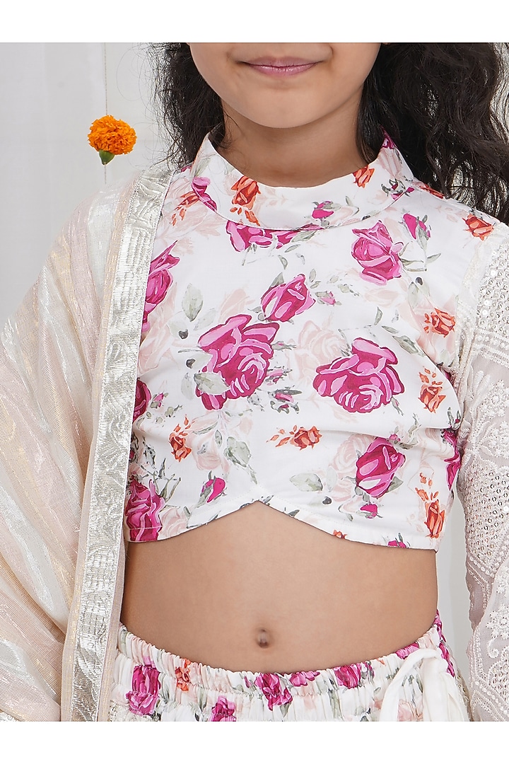 Cream Cotton Linen Floral Embroidered Lehenga Set For Girls by Little Bansi at Pernia's Pop Up Shop
