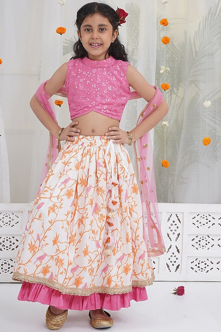 Pink Cotton Linen Bird Embroidered Lehenga Set For Girls by Little Bansi at Pernia's Pop Up Shop