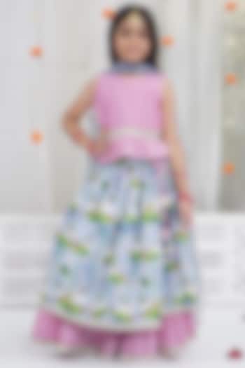 Blue Chanderi Silk Floral Handwork Lehenga Set For Girls by Little Bansi at Pernia's Pop Up Shop