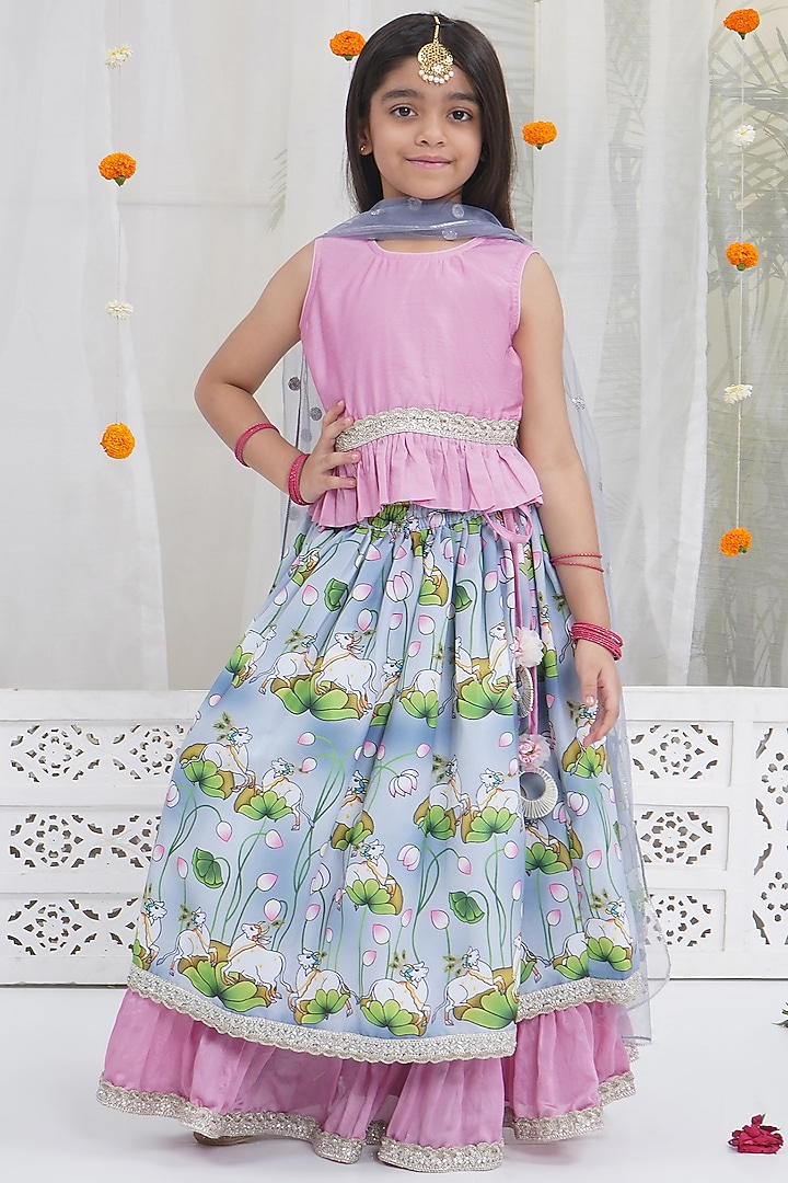 Blue Chanderi Silk Floral Handwork Lehenga Set For Girls by Little Bansi at Pernia's Pop Up Shop