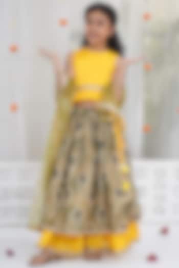 Yellow Chanderi Silk Floral Handwork Lehenga Set For Girls by Little Bansi at Pernia's Pop Up Shop