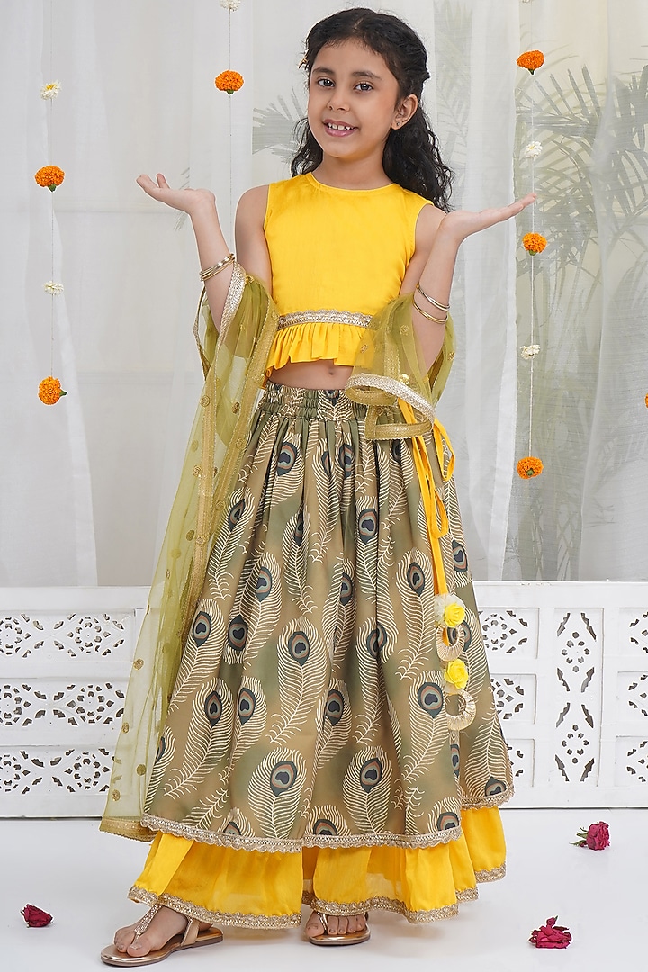 Yellow Chanderi Silk Floral Handwork Lehenga Set For Girls by Little Bansi at Pernia's Pop Up Shop