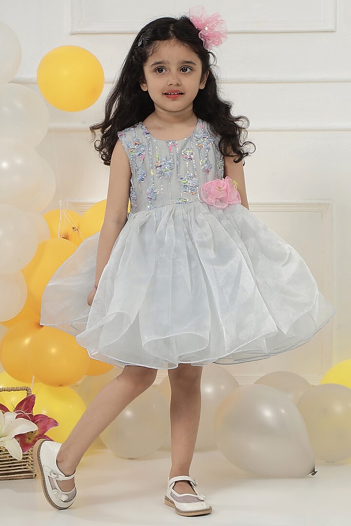 Grey Organza Floral Sequin Embroidered Dress For Girls by Little Bansi at Pernia's Pop Up Shop