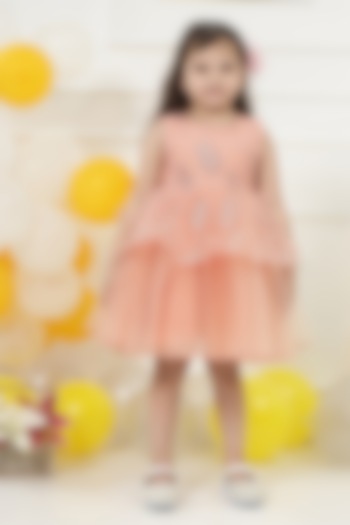 Peach Net Sequin Embroidered Dress For Girls by Little Bansi at Pernia's Pop Up Shop