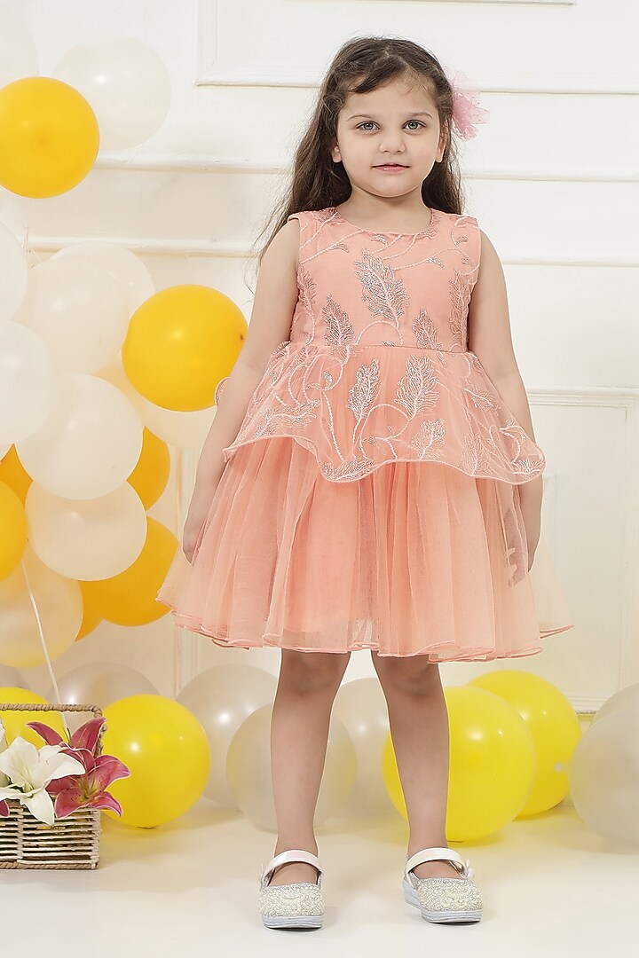 Peach Net Sequin Embroidered Dress For Girls by Little Bansi at Pernia's Pop Up Shop