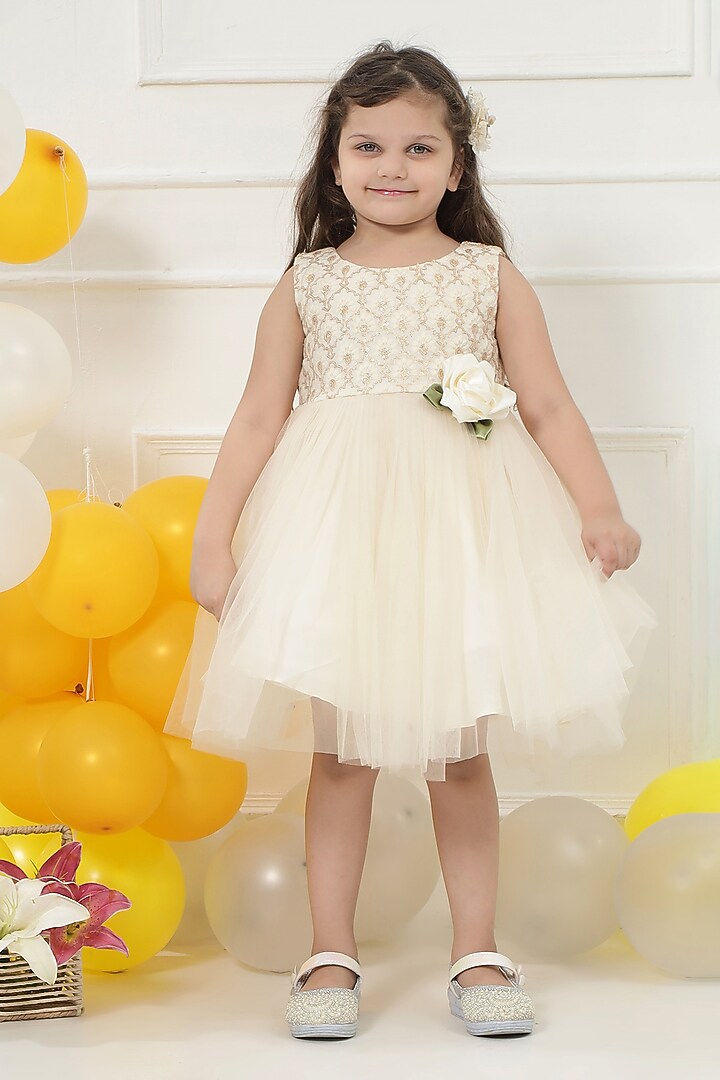 Cream Net Floral Hand Embroidered Dress For Girls by Little Bansi at Pernia's Pop Up Shop