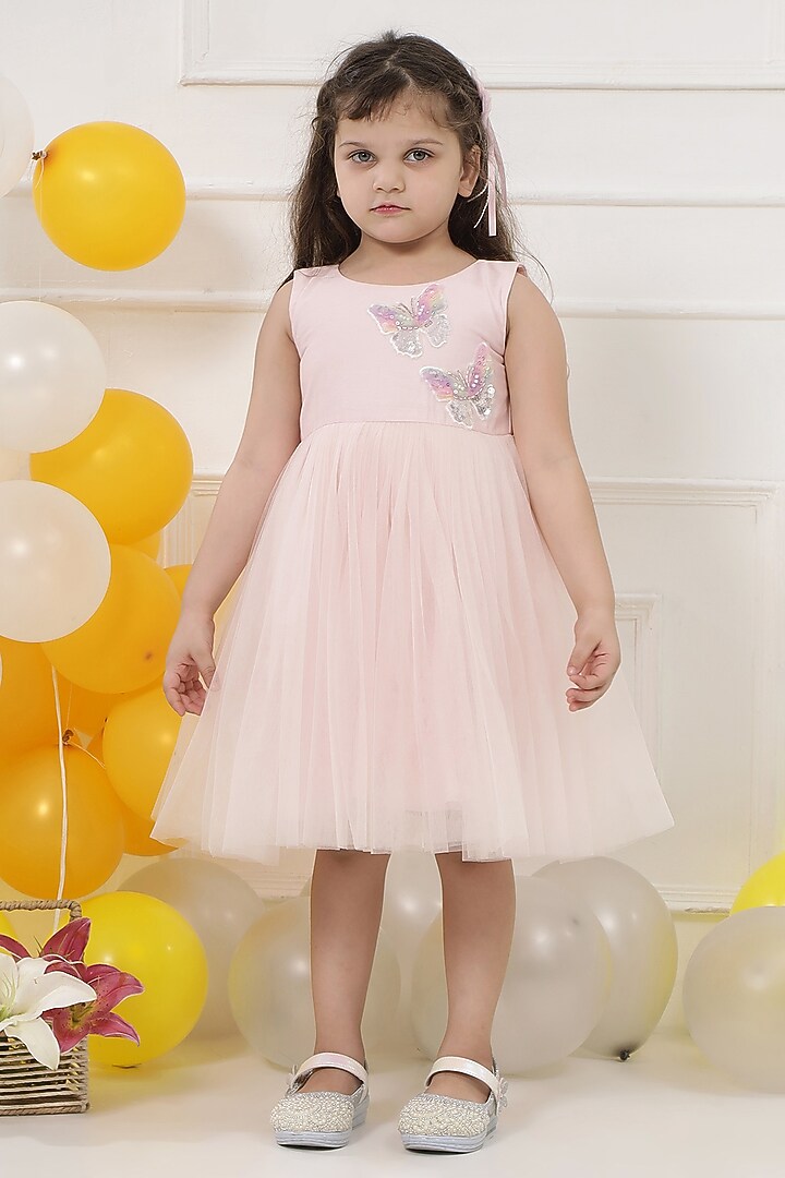 Pink Net Butterfly & Sequins Embroidered Dress For Girls by Little Bansi at Pernia's Pop Up Shop