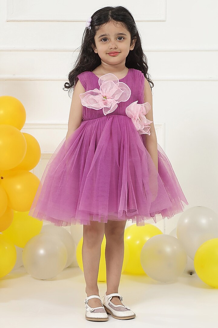 Purple Net Floral Hand Embroidered Pleated Dress For Girls by Little Bansi at Pernia's Pop Up Shop
