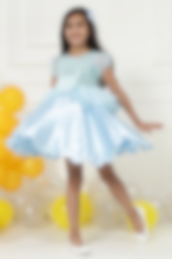Blue Satin Hand Embroidered Dress For Girls by Little Bansi at Pernia's Pop Up Shop
