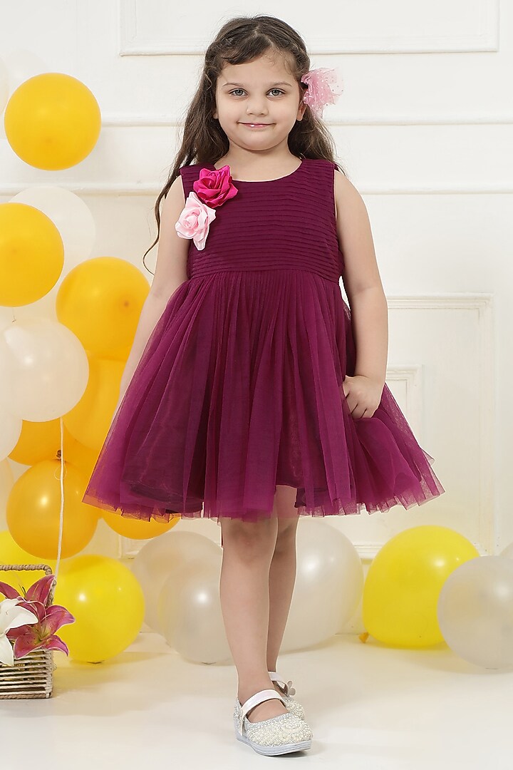 Wine Net Floral Hand Embroidered Pleated Dress For Girls by Little Bansi at Pernia's Pop Up Shop