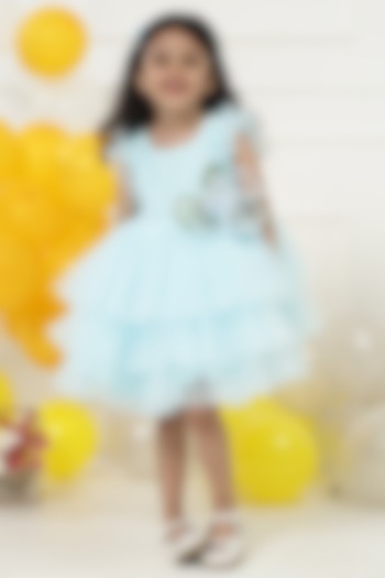 Powder Blue Net Floral Embroidered Frilled Dress For Girls by Little Bansi at Pernia's Pop Up Shop