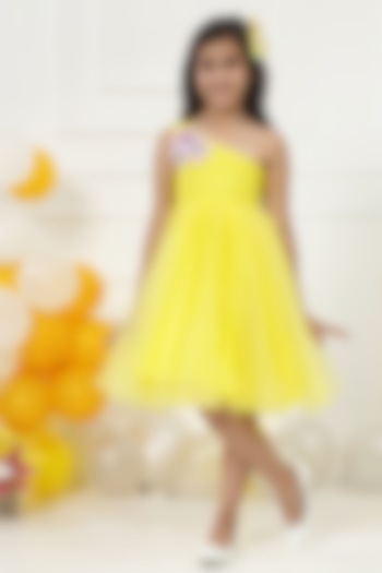 Yellow Net Floral Hand Embroidered Dress For Girls by Little Bansi at Pernia's Pop Up Shop
