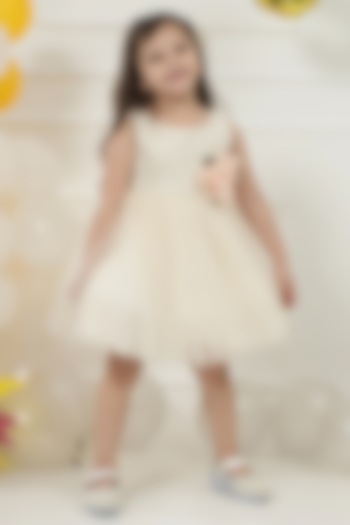Cream Net Floral Hand Embroidered Dress For Girls by Little Bansi at Pernia's Pop Up Shop