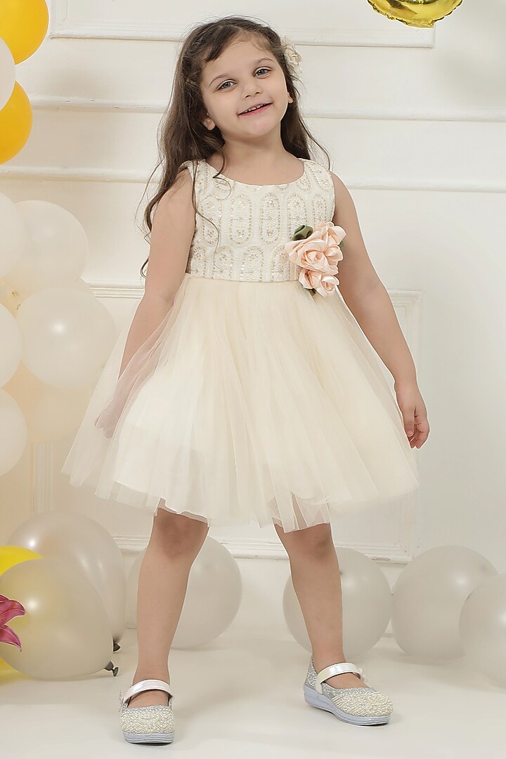 Cream Net Floral Hand Embroidered Dress For Girls by Little Bansi at Pernia's Pop Up Shop