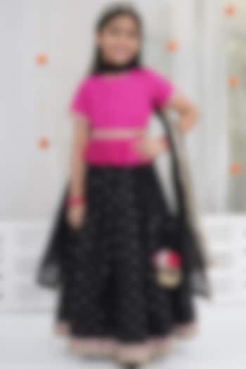 Black Chanderi Silk Floral Embellished Lehenga Set For Girls by Little Bansi at Pernia's Pop Up Shop