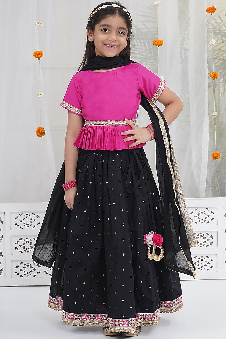 Black Chanderi Silk Floral Embellished Lehenga Set For Girls by Little Bansi at Pernia's Pop Up Shop