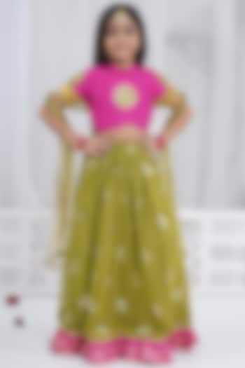 Green Viscose Georgette Floral Embroidered Lehenga Set For Girls by Little Bansi at Pernia's Pop Up Shop