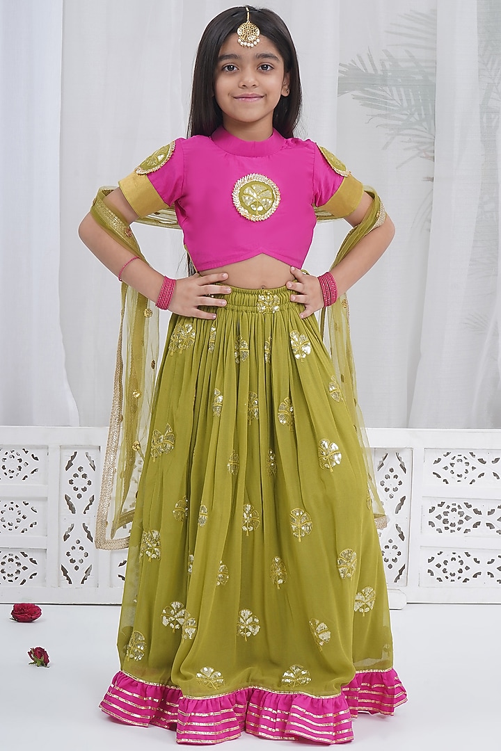 Green Viscose Georgette Floral Embroidered Lehenga Set For Girls by Little Bansi at Pernia's Pop Up Shop