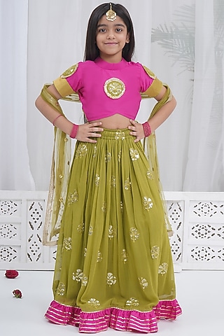 Green Viscose Georgette Floral Embroidered Lehenga Set For Girls by Little Bansi