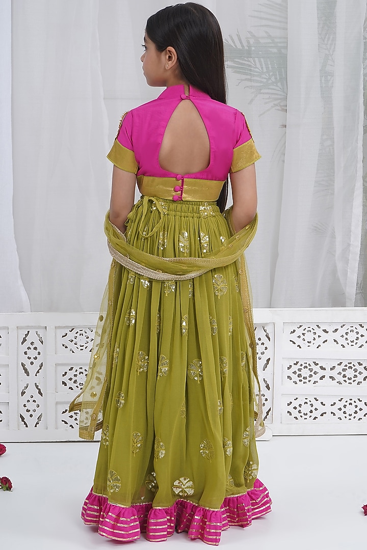 Green Viscose Georgette Floral Embroidered Lehenga Set For Girls by Little Bansi at Pernia's Pop Up Shop