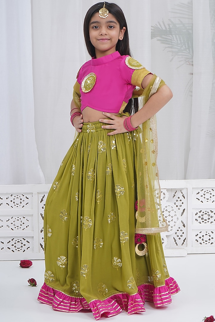 Green Viscose Georgette Floral Embroidered Lehenga Set For Girls by Little Bansi at Pernia's Pop Up Shop