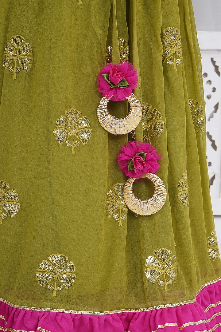 Green Viscose Georgette Floral Embroidered Lehenga Set For Girls by Little Bansi at Pernia's Pop Up Shop