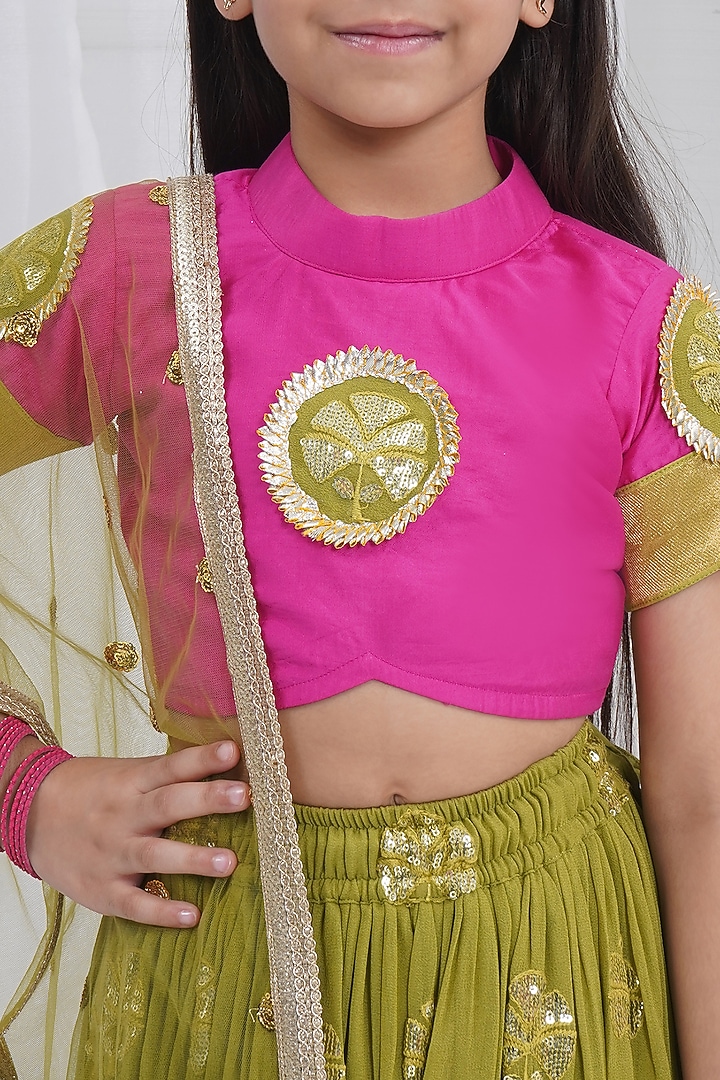 Green Viscose Georgette Floral Embroidered Lehenga Set For Girls by Little Bansi at Pernia's Pop Up Shop
