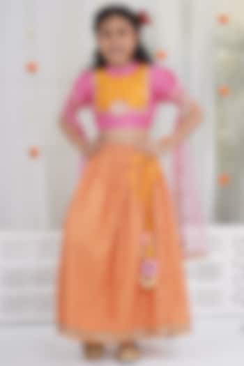 Yellow Chanderi Silk Floral Embroidered Lehenga Set For Girls by Little Bansi at Pernia's Pop Up Shop