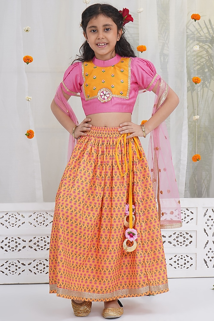 Yellow Chanderi Silk Floral Embroidered Lehenga Set For Girls by Little Bansi at Pernia's Pop Up Shop