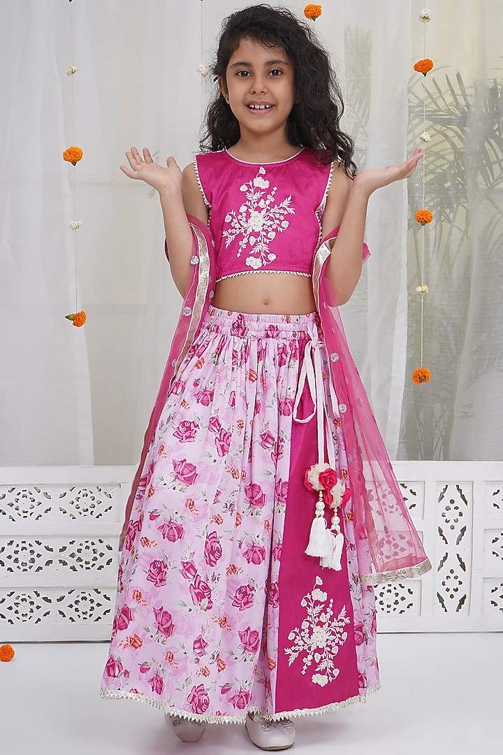 Pink Mulberry Silk Printed Lehenga Set For Girls by Little Bansi at Pernia's Pop Up Shop