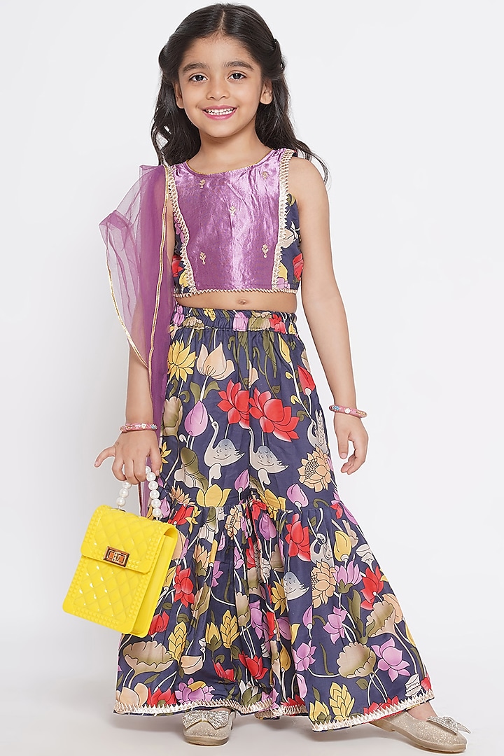 Purple Cotton Silk Floral Printed Sharara Set For Girls by Little Bansi at Pernia's Pop Up Shop