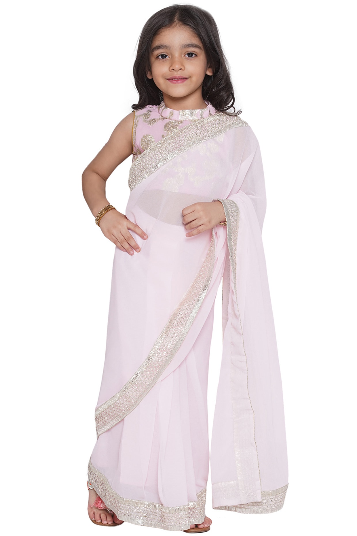 MASCAW Beautiful Design Premium Fabric Free Size Saree with Stitched Blouse  for Kids Girls in Navy Blue Color (6-9 Years) : Amazon.in: Fashion