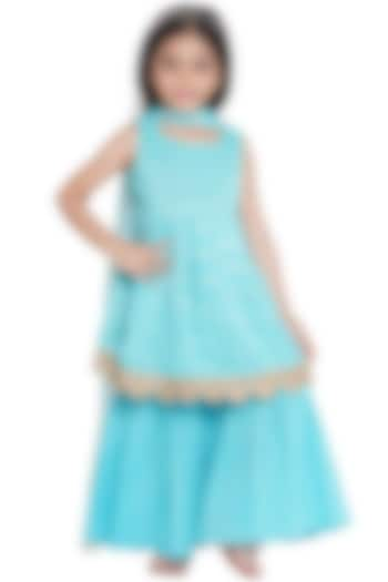 Sky Blue Lurex Striped Sharara Set For Girls by Little Bansi at Pernia's Pop Up Shop