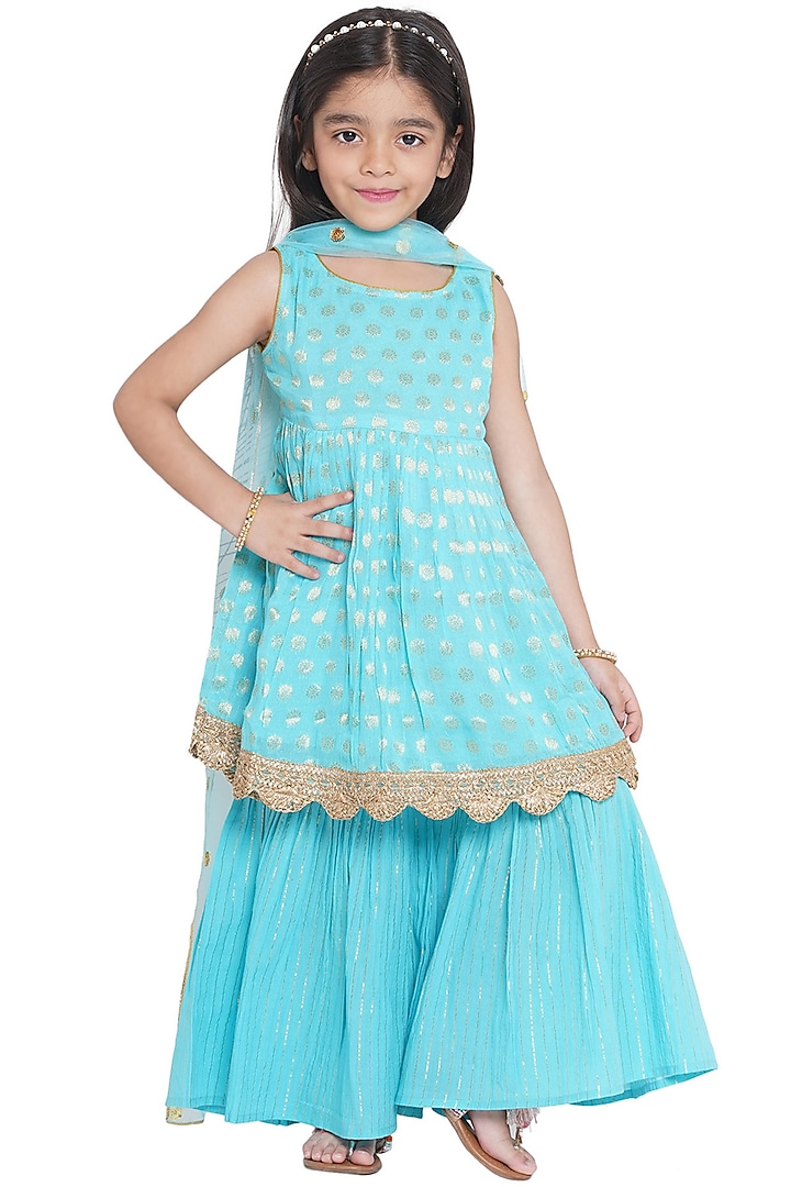 Sky Blue Lurex Striped Sharara Set For Girls by Little Bansi at Pernia's Pop Up Shop