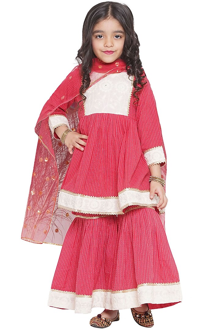 Red Cotton Gota Lace Embellished Sharara Set For Girls by Little Bansi at Pernia's Pop Up Shop