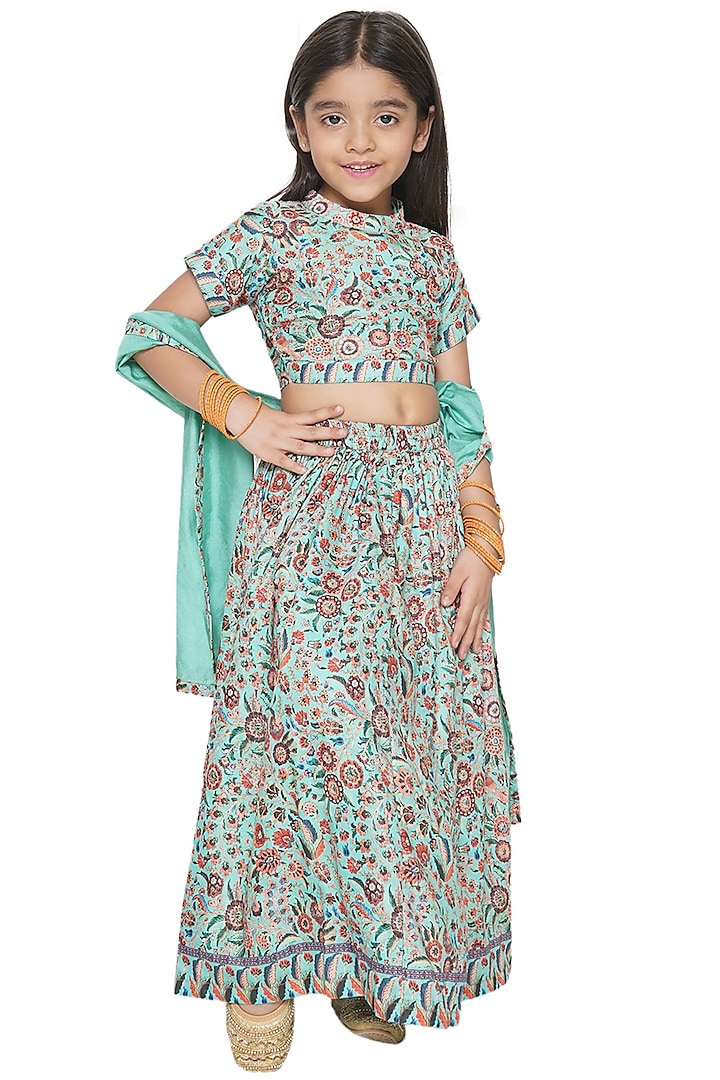 Green Cotton Silk Floral Printed Lehenga Set For Girls by Little Bansi at Pernia's Pop Up Shop