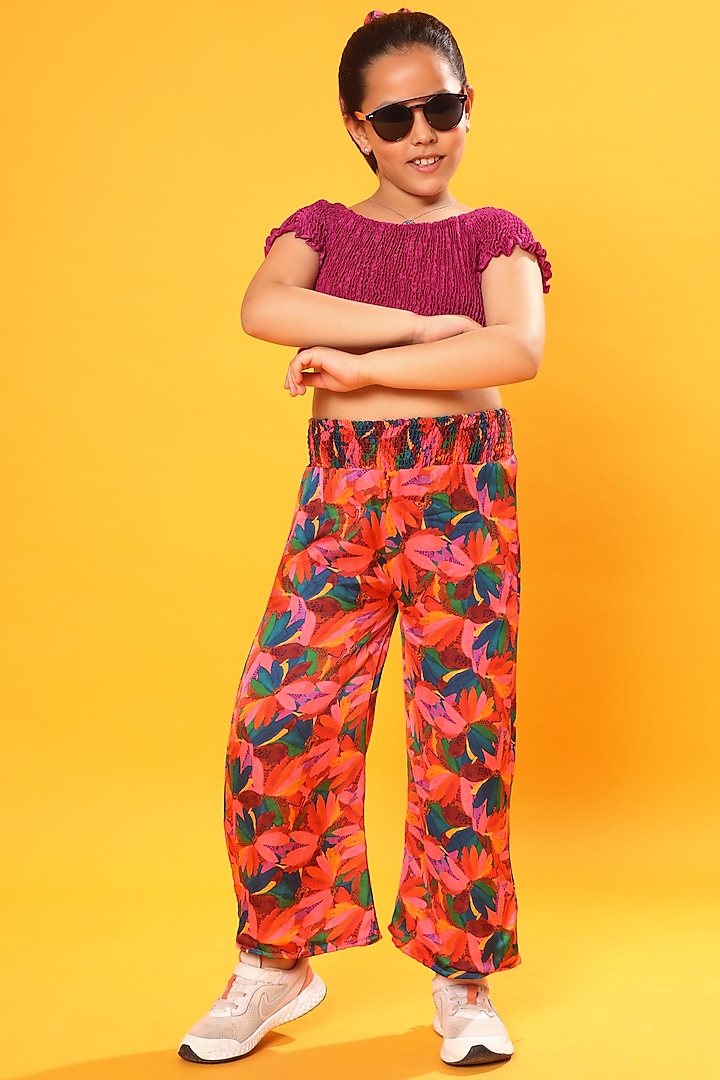 Multi-Colored Viscose Satin Printed Pant Set For Girls by LittleCheer