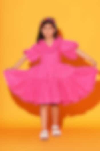 Pink Cotton Poplin Gathered Dress For Girls by LittleCheer