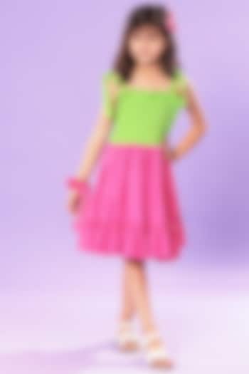 Green & Pink Cotton Poplin Dress For Girls by LittleCheer