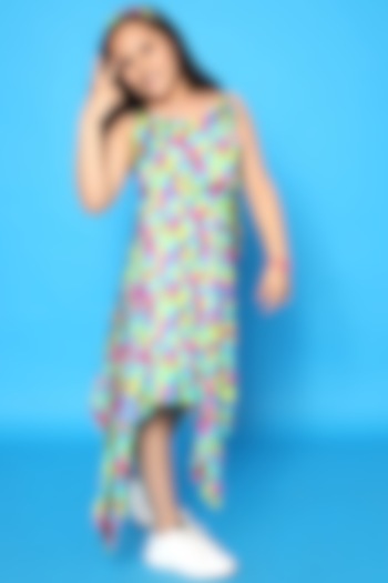 Multi-Colored Viscose Satin Printed Dress For Girls by LittleCheer